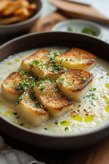 Roasted Garlic Potato Soup with Grilled Cheese Croutons