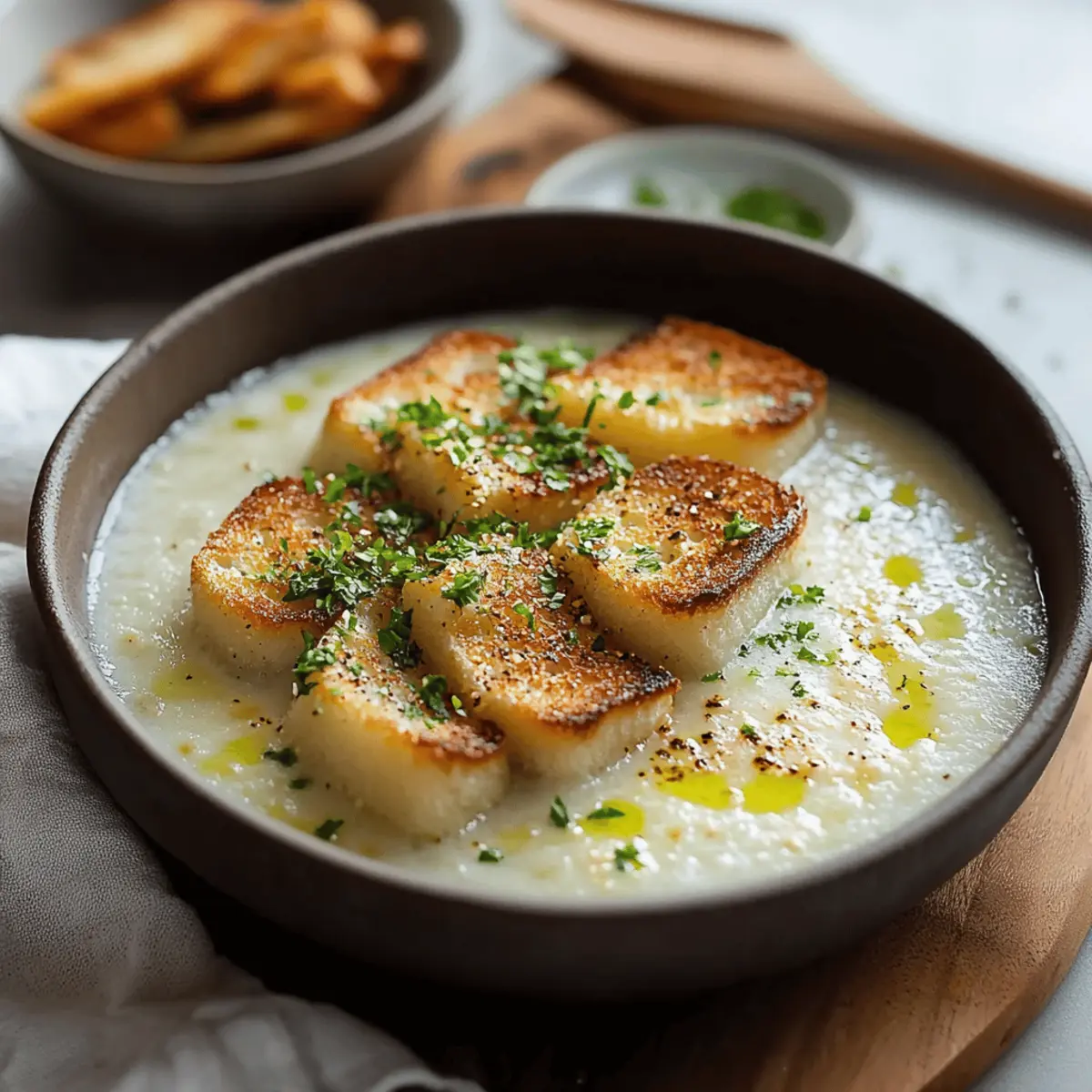 Roasted Garlic Potato Soup with Grilled Cheese Croutons