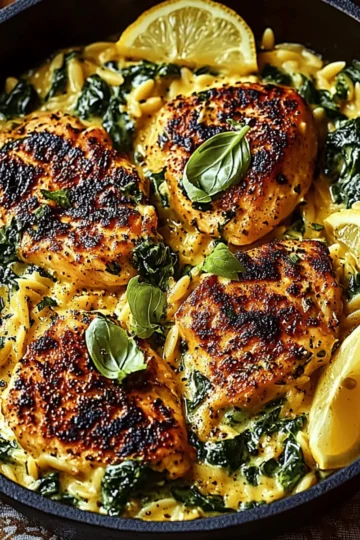 Creamy Lemon Chicken with Orzo Greens