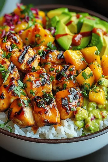 Grilled Maple Sriracha Chicken Bites with Coconut Rice Mango Avocado Salsa Bowl with Chili Mayo