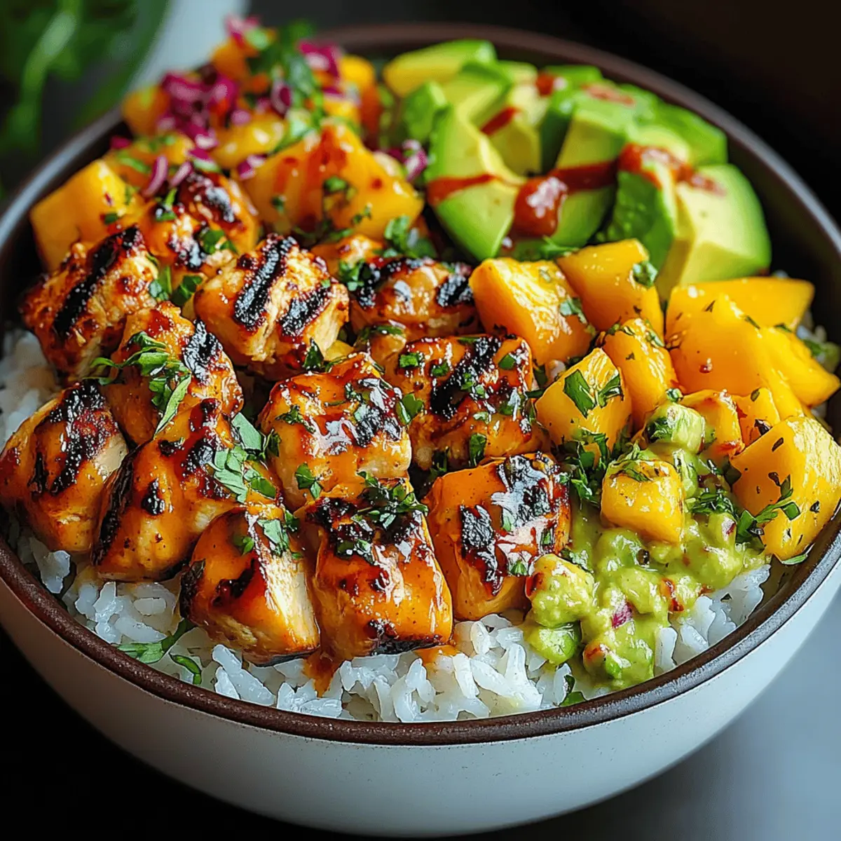 Grilled Maple Sriracha Chicken Bites with Coconut Rice Mango Avocado Salsa Bowl with Chili Mayo