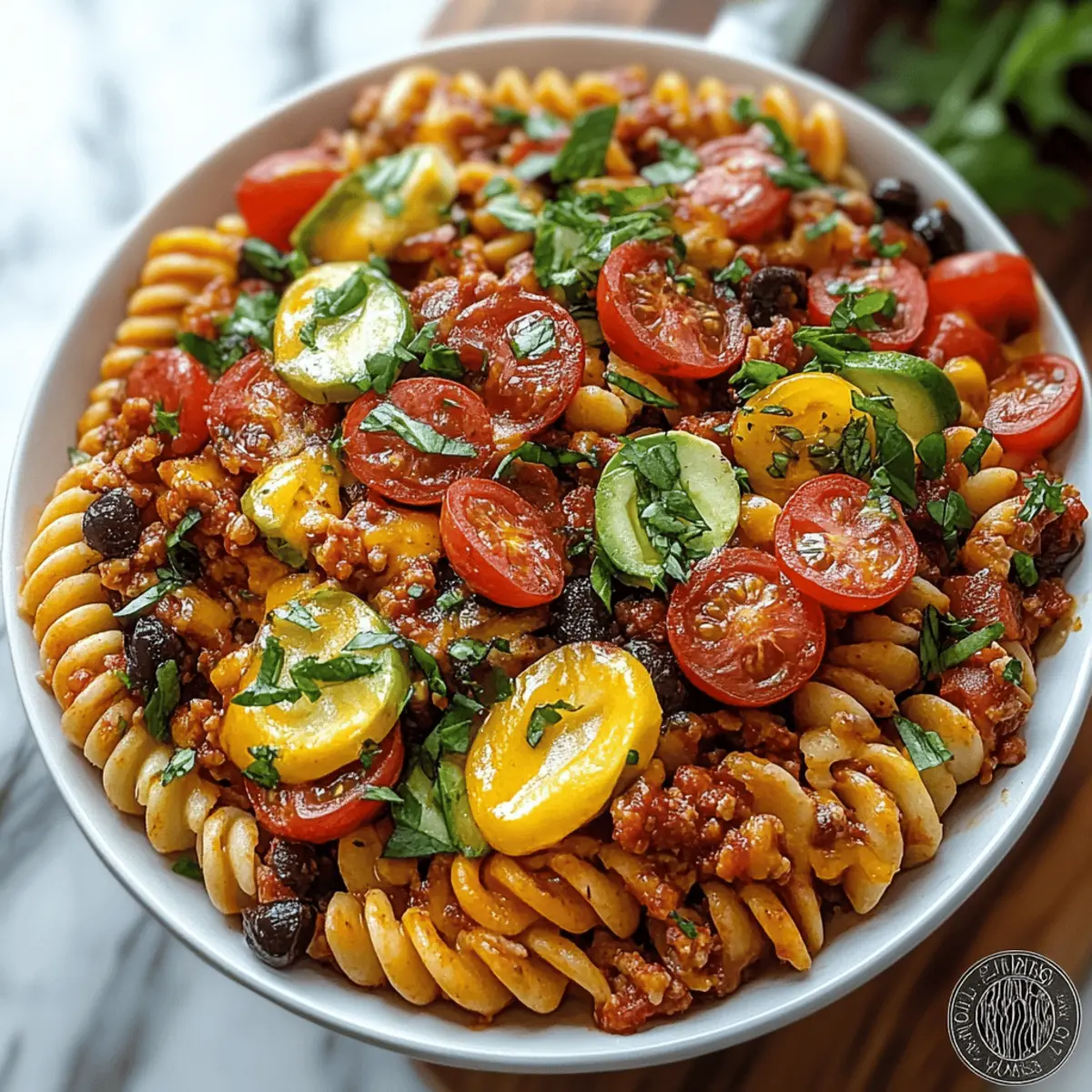 Seasoned Ground Beef Taco Pasta Salad Bowl