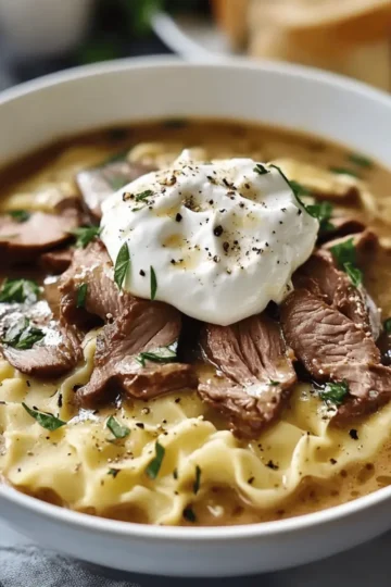 Flank Steak and Mushroom Soup with Sour Cream and Cabbage Noodles