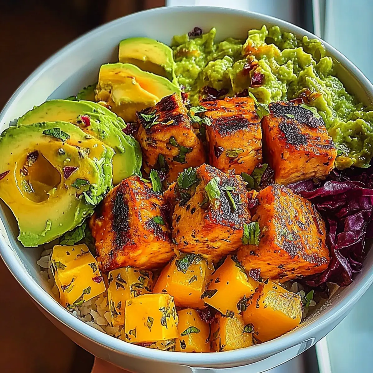 Salmon Bites with Mango-Avocado Salsa and Lime Zest Bowl