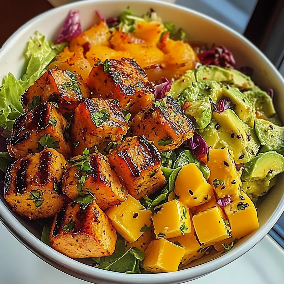 Salmon Bites with Mango-Avocado Salsa and Lime Zest Bowl