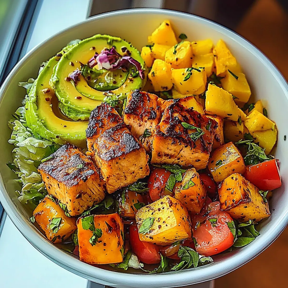 Salmon Bites with Mango-Avocado Salsa and Lime Zest Bowl