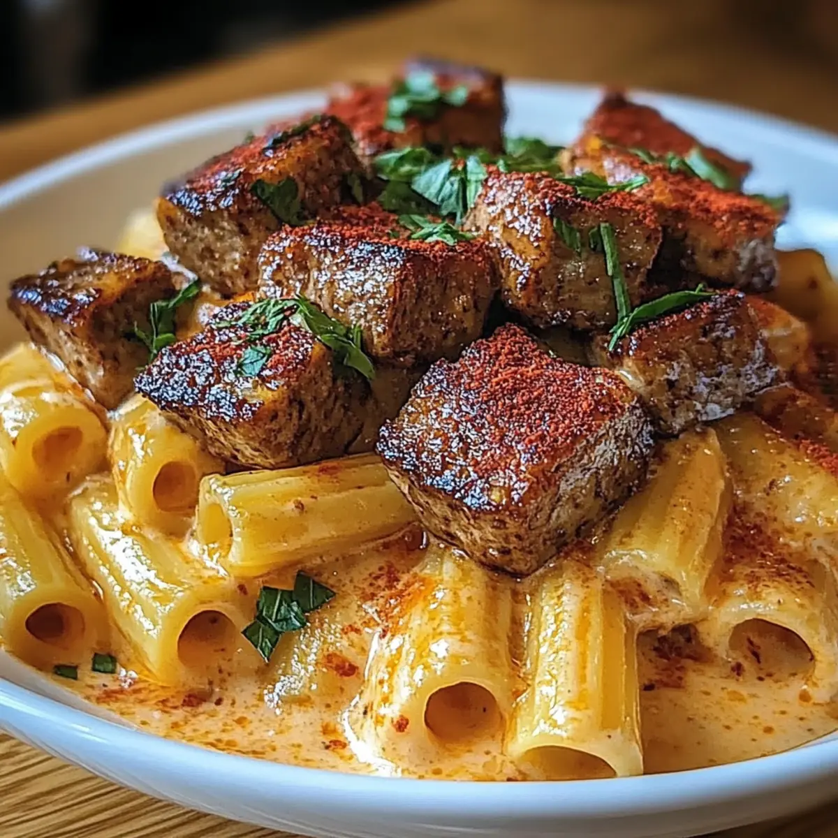 Cajun Steak Tips in Cheesy Rigatoni Parmesan Sauce