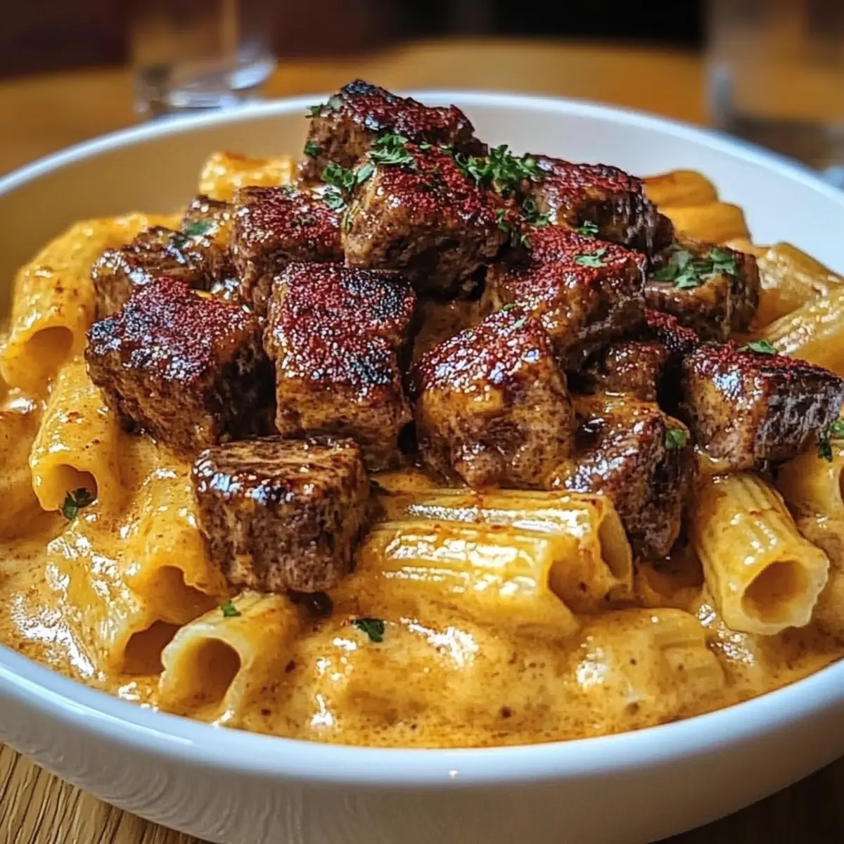 Cajun Steak Tips in Cheesy Rigatoni Parmesan Sauce
