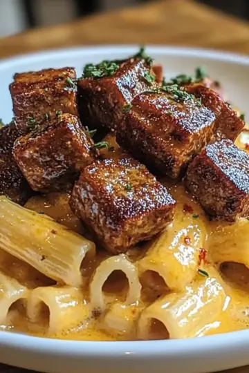 Cajun Steak Tips in Cheesy Rigatoni Parmesan Sauce