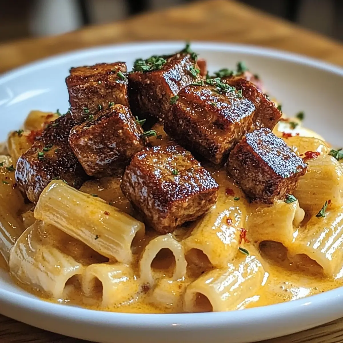 Cajun Steak Tips in Cheesy Rigatoni Parmesan Sauce