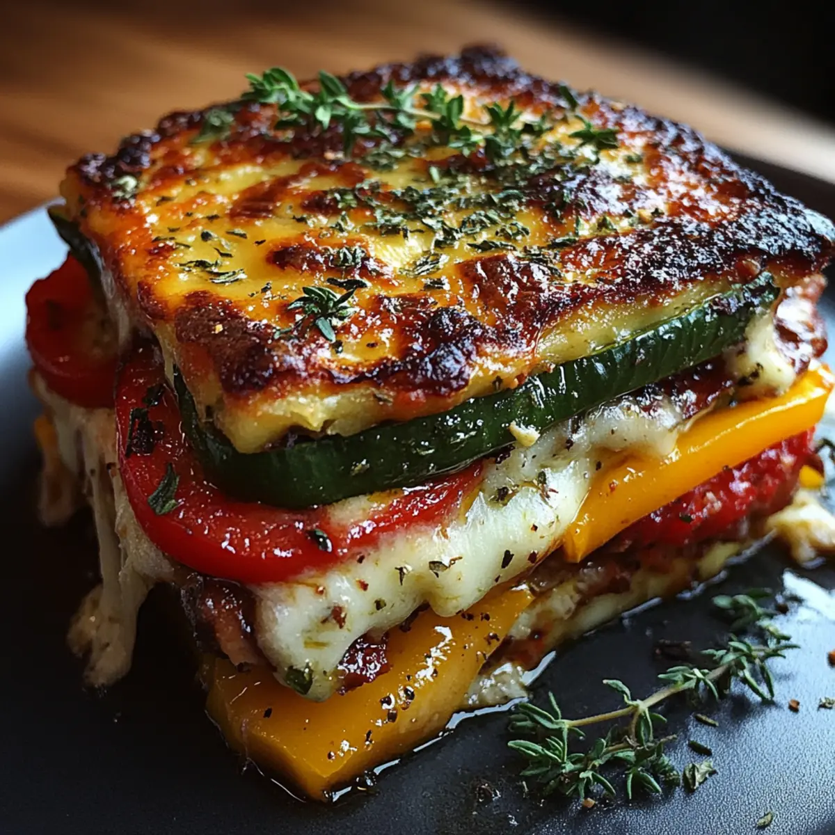 Layered Mediterranean Eggplant Zucchini Yellow Red Bell Pepper Lasagna with Creamy Garlic Herb Three-Cheese Drizzle