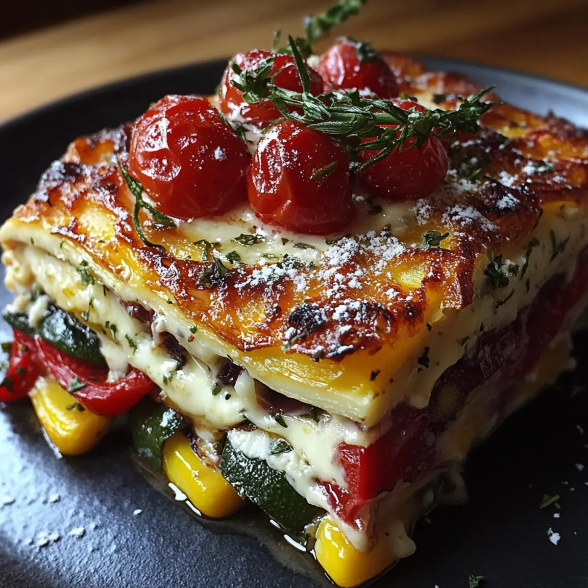 Layered Mediterranean Eggplant Zucchini Yellow Red Bell Pepper Lasagna with Creamy Garlic Herb Three-Cheese Drizzle