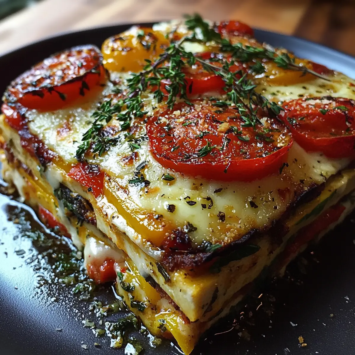 Layered Mediterranean Eggplant Zucchini Yellow Red Bell Pepper Lasagna with Creamy Garlic Herb Three-Cheese Drizzle