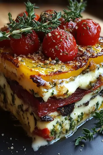 Layered Mediterranean Eggplant Zucchini Yellow Red Bell Pepper Lasagna with Creamy Garlic Herb Three-Cheese Drizzle