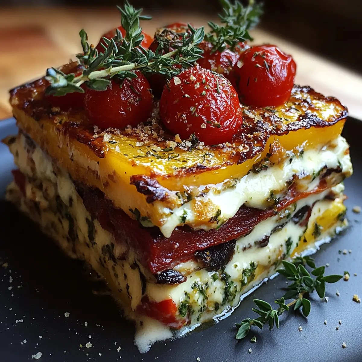 Layered Mediterranean Eggplant Zucchini Yellow Red Bell Pepper Lasagna with Creamy Garlic Herb Three-Cheese Drizzle