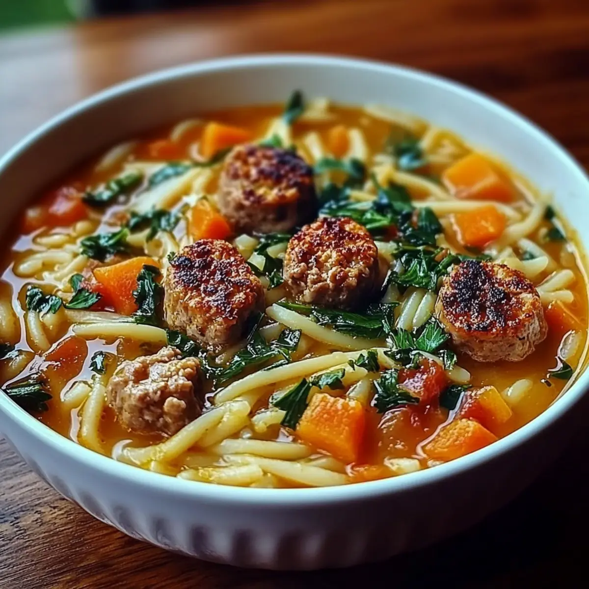 Butternut Squash and Sausage Soup with Orzo and Spinach