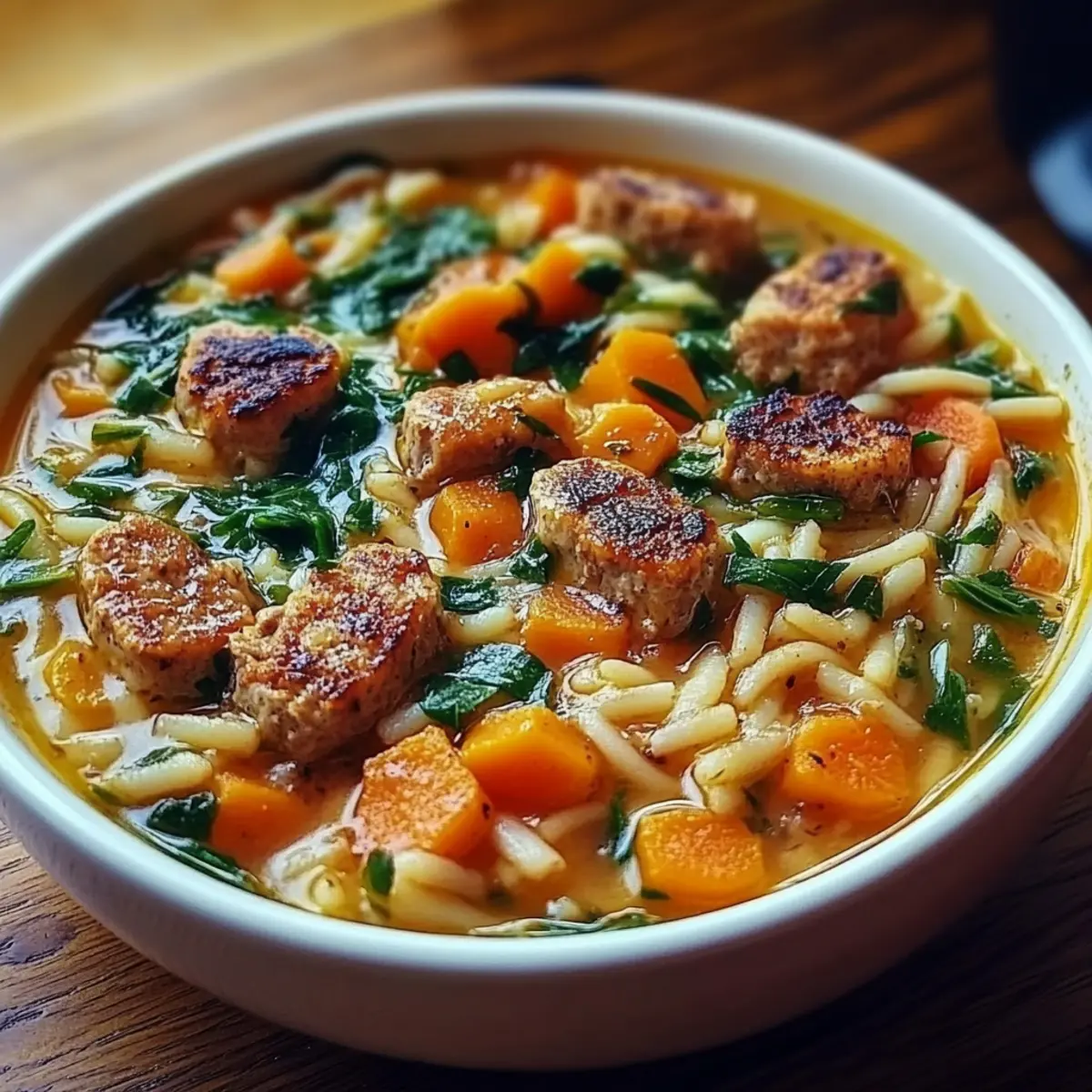 Butternut Squash and Sausage Soup with Orzo and Spinach