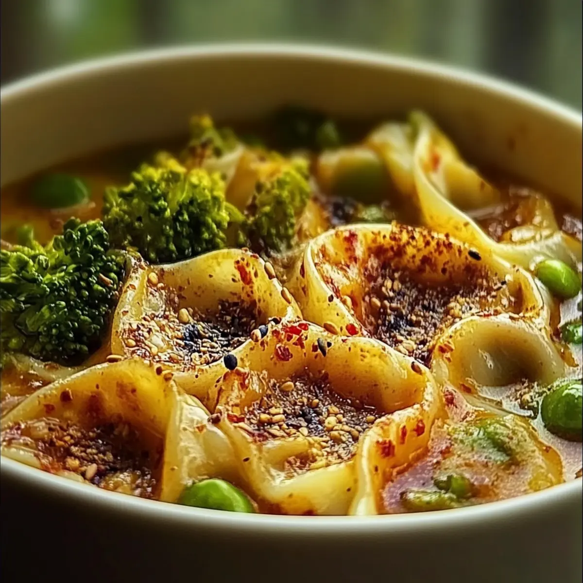 Oven-Baked Dumplings with Peanut Sauce