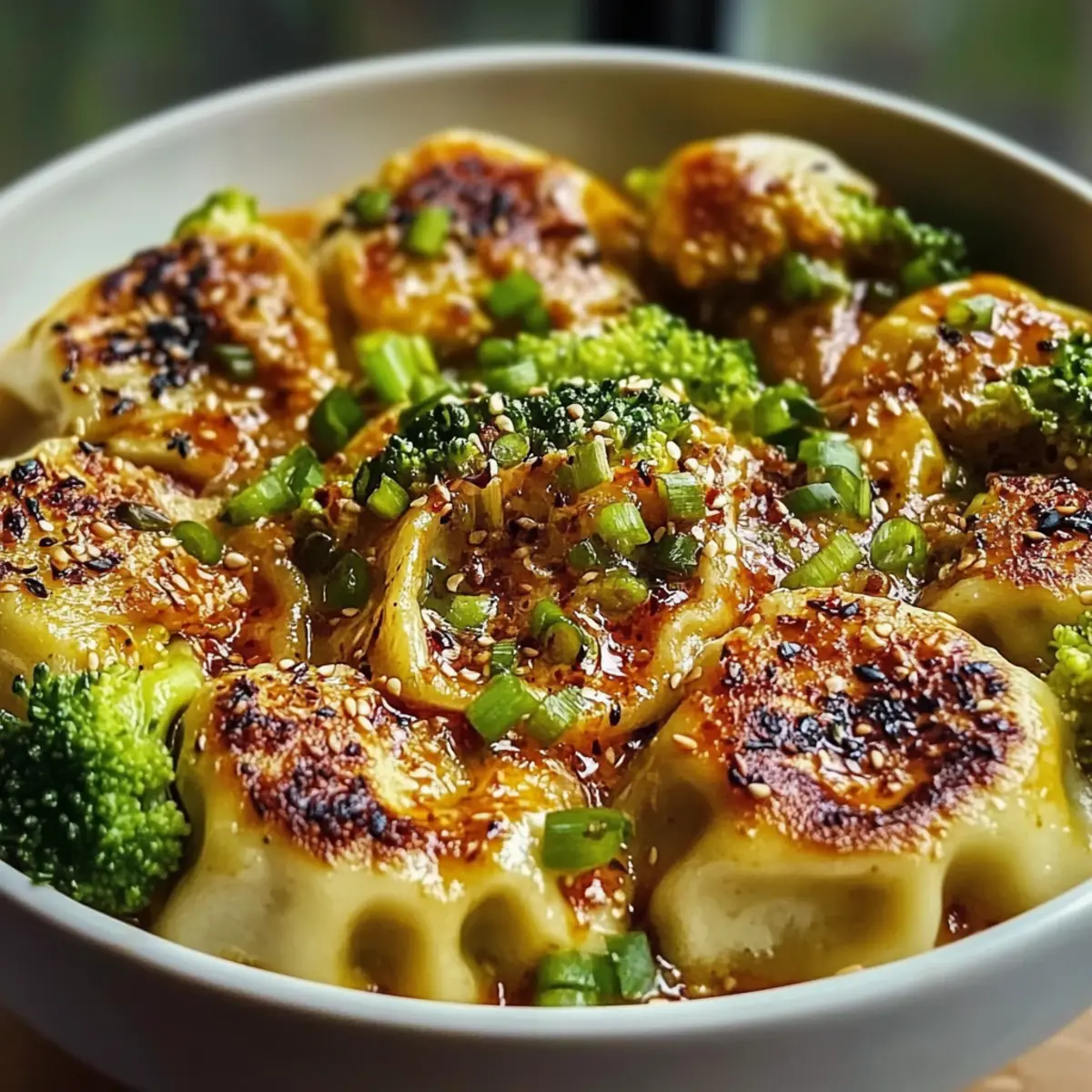 Oven-Baked Dumplings with Peanut Sauce
