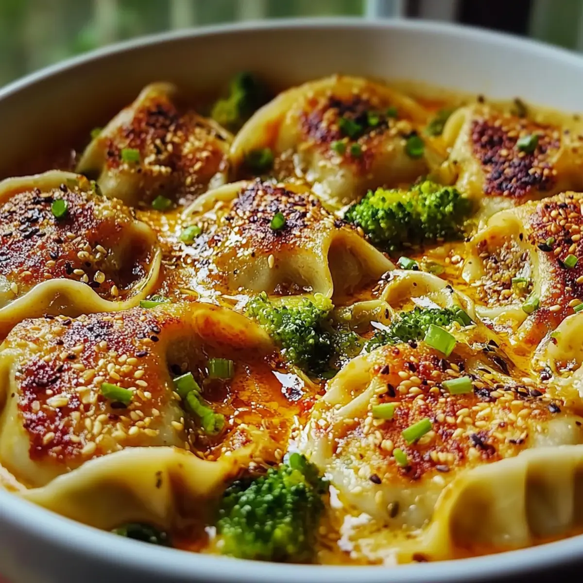 Oven-Baked Dumplings with Peanut Sauce